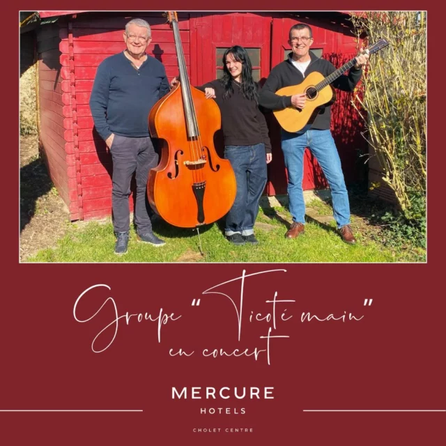 🎶 **Concert live au Mercure Cholet Centre** 🎶

Le vendredi 25 avril à partir de 19h30, le lobby de l’Hôtel Mercure Cholet Centre prendra des airs de scène intimiste pour accueillir un moment musical tout en douceur.

Le groupe **"Tricoté main"**, accompagné au piano par **Bernard Dumoulin**, vous invite à un voyage sonore entre **ballades folk et notes jazzy**, dans une ambiance chaleureuse et feutrée. Un rendez-vous parfait pour bien commencer le week-end !

✨ Réservation possible auprès de :
📞 Philippe : 07 66 83 39 47 
📞 Pierre : 07 80 06 49 44

Venez vivre un moment de convivialité et de musique au cœur de Cholet 🎼💫
 
https://www.hotel-mercure-cholet.com/
#hotelmercurecholet #hotel #mercure #cholet
#choletagglo, #choletmaville #surprenantcholetais
#MercureCholet #ConcertLive #TricotéMain #MusiqueFolk #SoiréeCholet #ÉvénementLocal