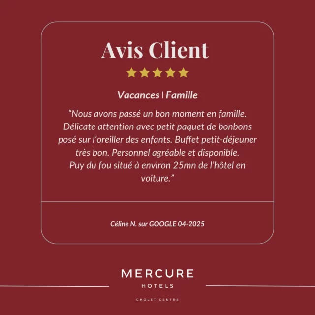 ⭐️⭐️⭐️⭐️⭐️ Merci pour vos mots qui nous motivent au quotidien !

Nous avons récemment reçu cet avis Google 5 étoiles qui reflète parfaitement l’esprit de l’Hôtel Mercure Cholet Centre :

Merci à Céline pour sa confiance 🙏
Nos équipes mettent tout en œuvre chaque jour pour vous offrir un service irréprochable, un cadre confortable et un séjour inoubliable.

Et vous, c’est pour quand votre prochaine escale à Cholet ? 😉

📍#MercureCholetCentre #AvisClient #5Etoiles #Hospitalité #SéjourRéussi #CoeurDeVille #Merci