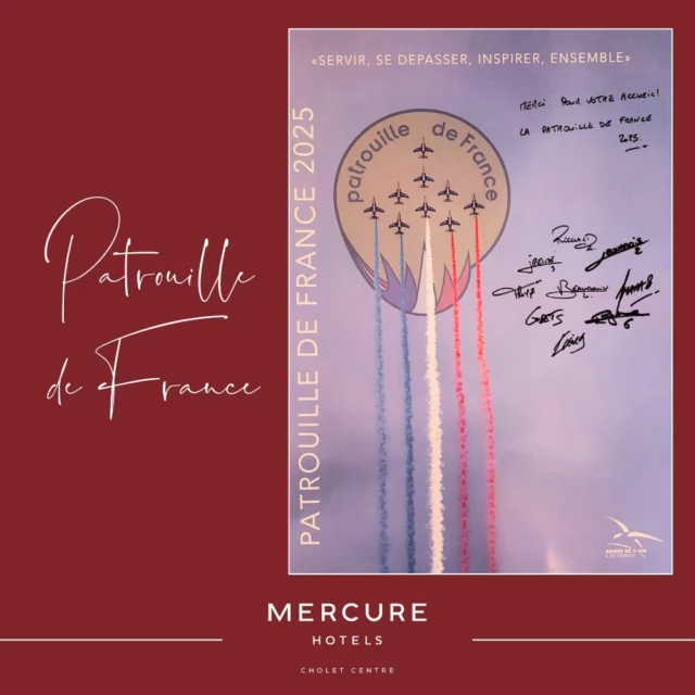 ✈️ Des invités de marque dans le ciel… et à l’hôtel ! 🇫🇷

Ce week-end, à l’occasion de la fête aérienne Fou d’Ailes à Cholet, nous avons eu l’honneur d’accueillir des pilotes de la Patrouille de France au Mercure Cholet Centre !

👨‍✈️ Un grand merci à eux pour leur confiance et leur gentillesse : une équipe aussi professionnelle dans les airs que sympathique au sol.
Nous sommes ravis qu’ils aient apprécié leur séjour chez nous et fiers d’avoir contribué, à notre manière, à ce bel événement qui a fait vibrer le ciel choletais.

🚀 Bravo aux organisateurs et à tous les passionnés présents ce week-end !

#hotelmercurecholet #hotel #mercure 
#choletagglo, #choletmaville #surprenantcholetais
#MercureCholet #PatrouilleDeFrance #FouDAiles #Cholet #HôtelDeCharme #Aéronautique #MercureHotels #FiertéLocale #TourismeÀCholet #AviationPassion
